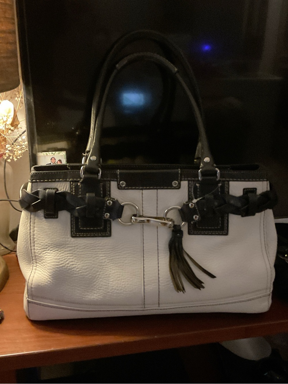 Coach Two-Tone White and Black Leather Tote with Tassel Detail